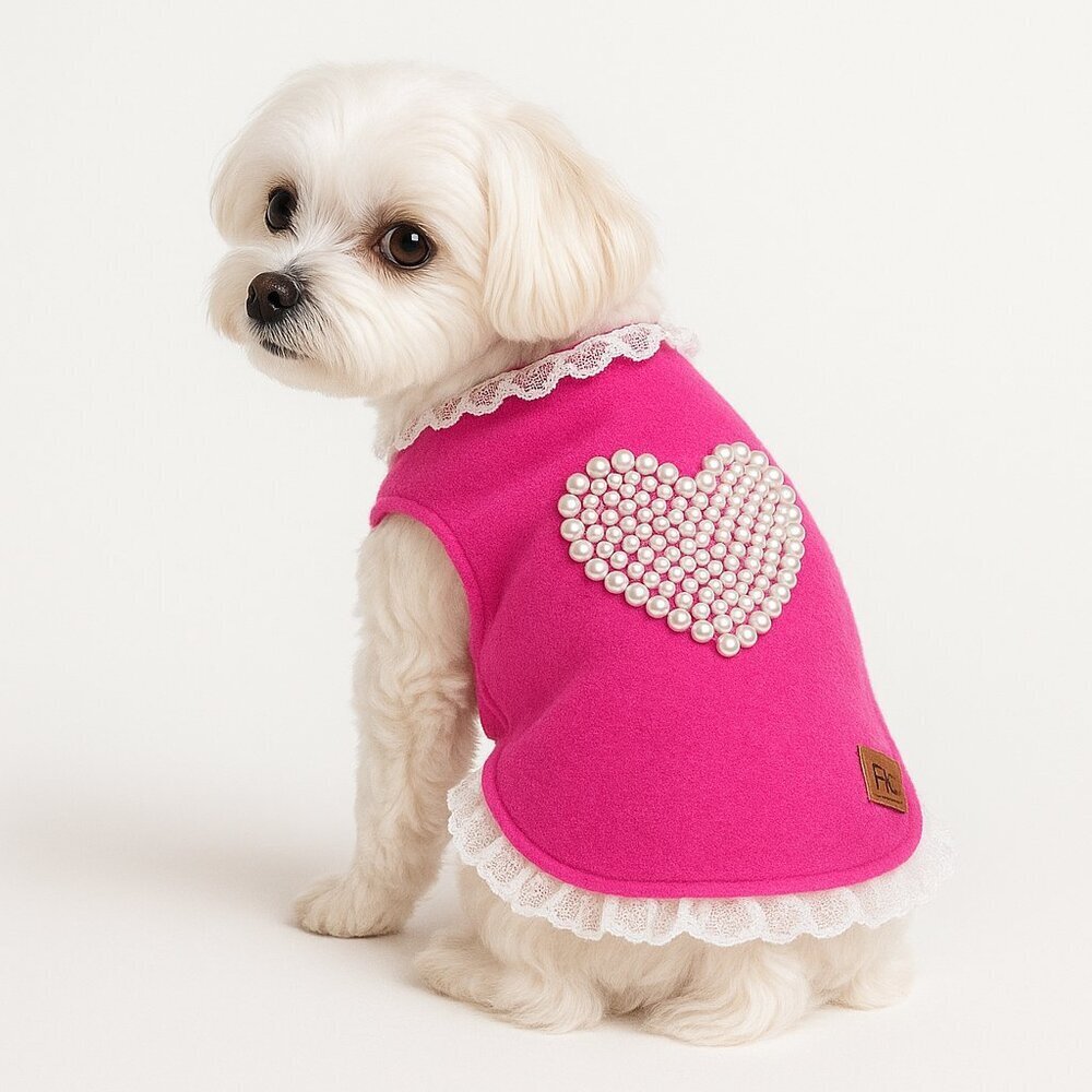 Luxury Pink Pearl Heart Dog Dress – Handmade Lace Pet Outfit XS